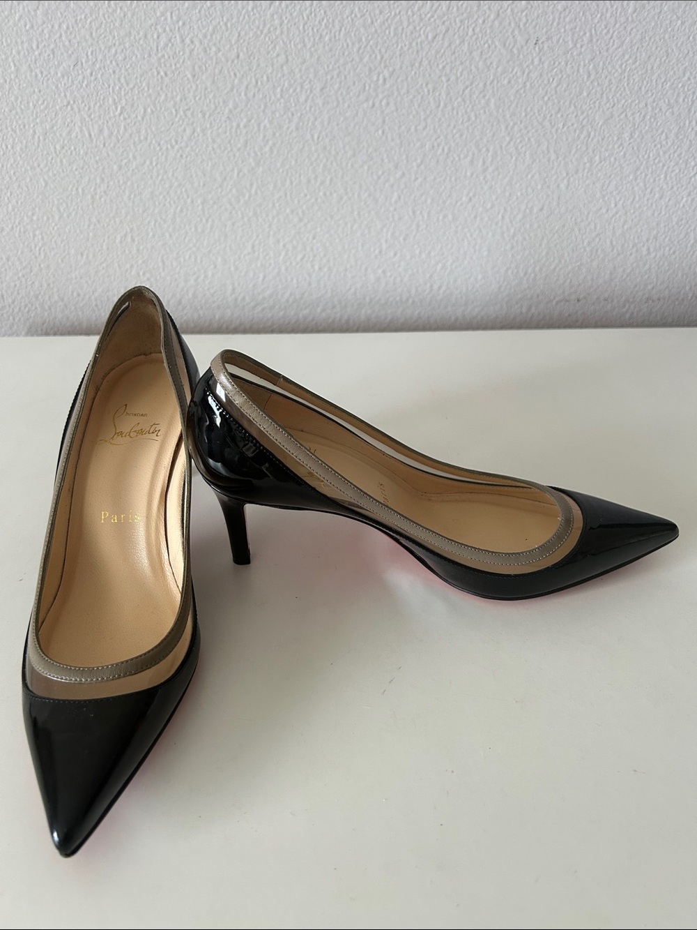 Christian Louboutin Paulina 70 Black Patent Pumps with Nude and Clear Trim